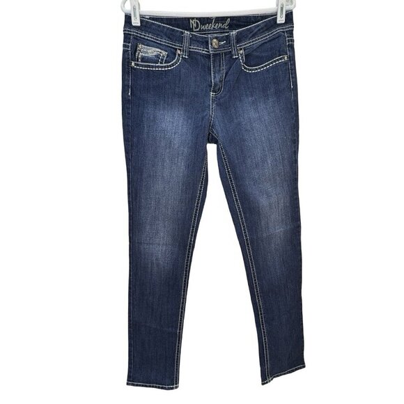 ND WEEKEND Jeans Women's Sz 6 Dark Blue Skinny Embroidered Studs Stones Pockets - Picture 2 of 16